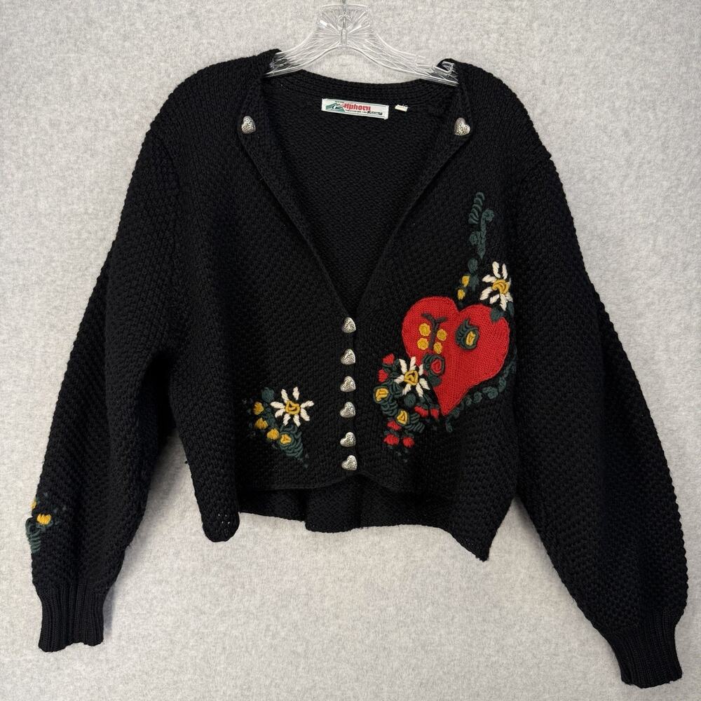 Alphorn Cardigan Womens 46 Black Wool Embroidered Floral Heart Vtg - Picture 13 of 13